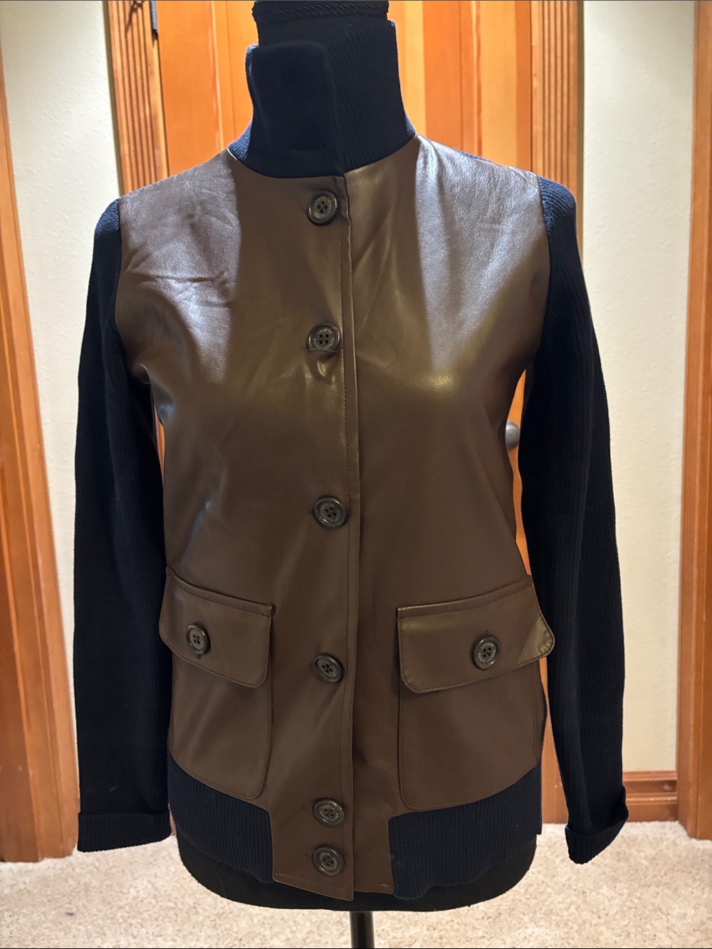 Brown Vegan Leather Front Jacket with Navy Knit Sleeves